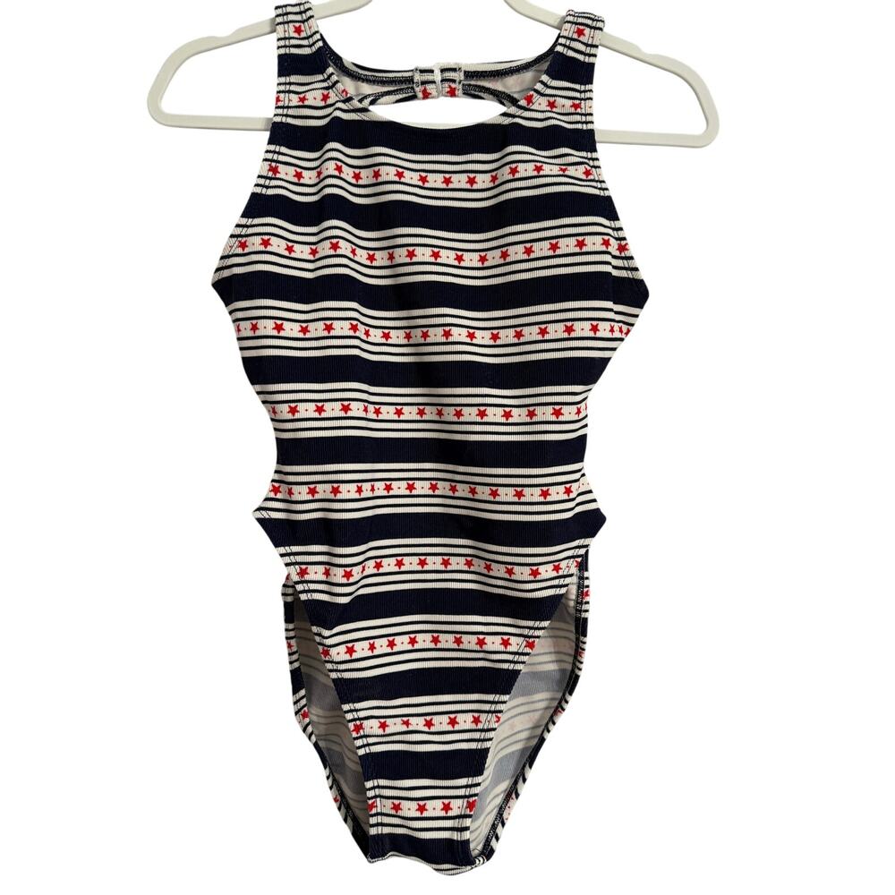 Azul Womens 8 Patriotic High‎ Cut Open Back Ribbed Swimsuit USA Stars & Stripes